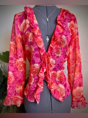 Vintage Sheer Hot Pink Orange Floral Tie Blouse M